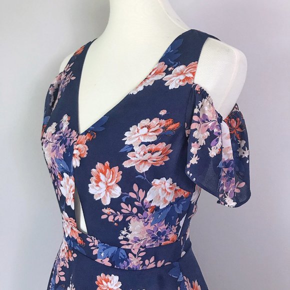 Ali & Jay Los Angeles Anthro Blue Floral Cutout Cold Shoulder Chiffon Mini Dress - Picture 7 of 16